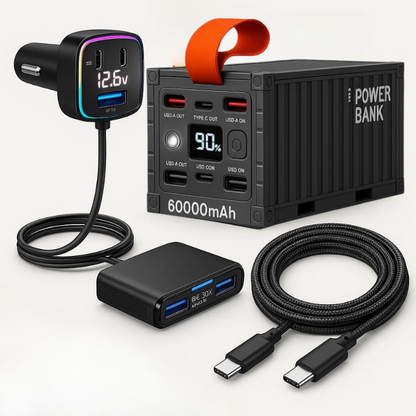Kit power bank 60000mAh auto con caricatore e cavo per viaggi