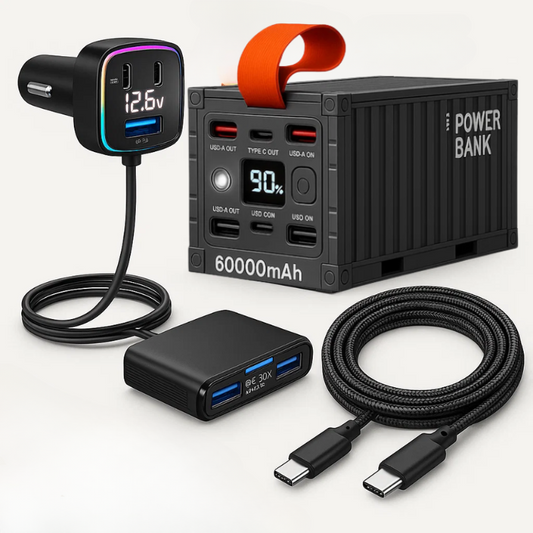 Kit power bank 60000mAh auto con caricatore e cavo per viaggi